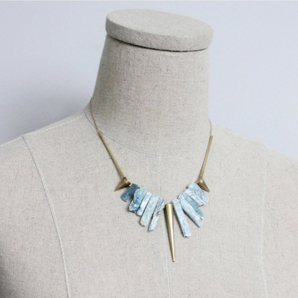 Kyanite + Brass Spike Geometric Statement Necklace