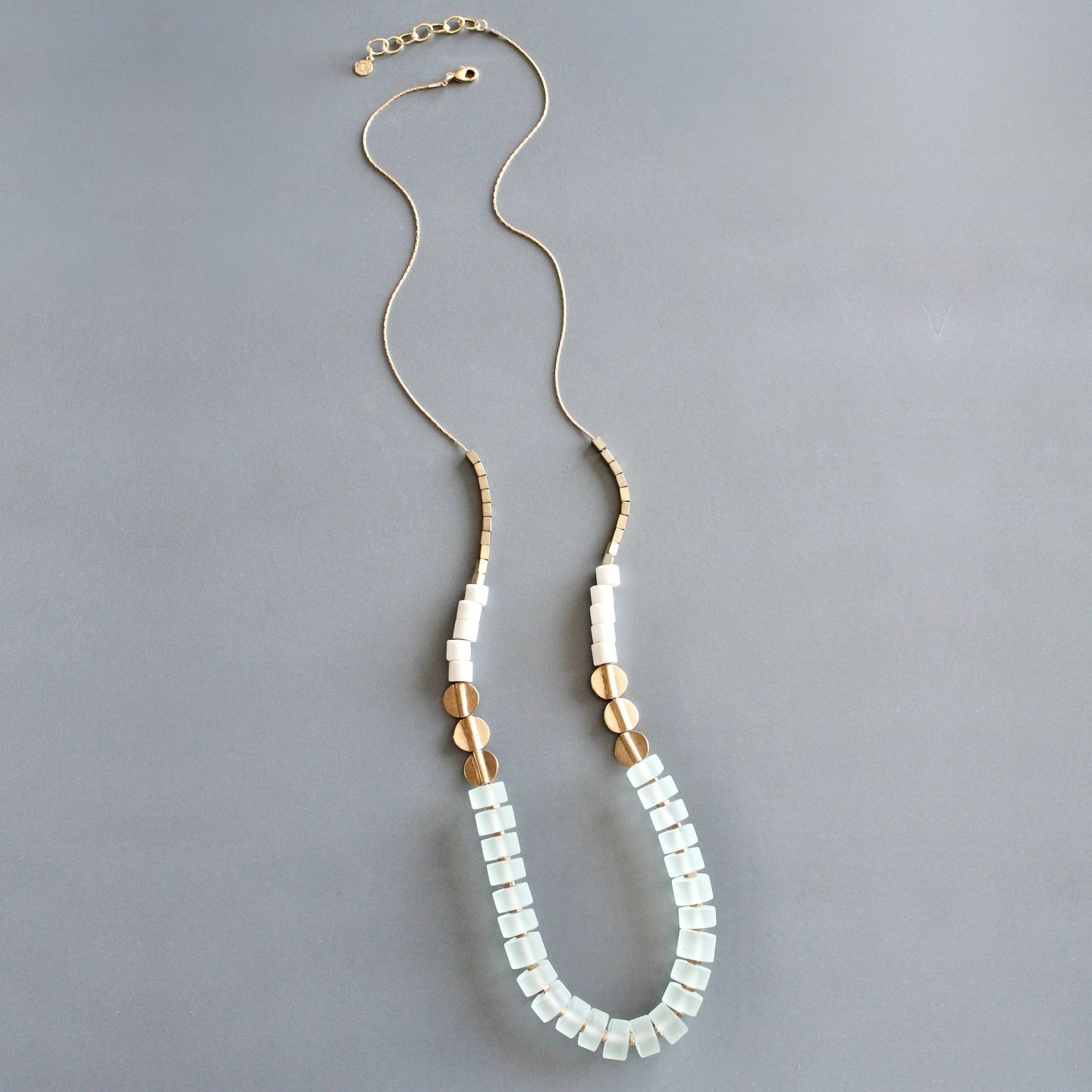 Frosted Green Glass + Brass Long Necklace