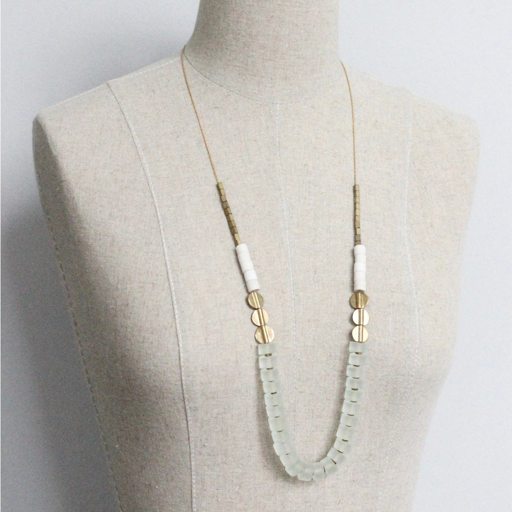 Frosted Green Glass + Brass Long Necklace