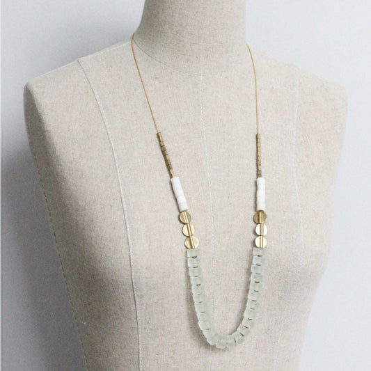 Frosted Green Glass + Brass Long Necklace
