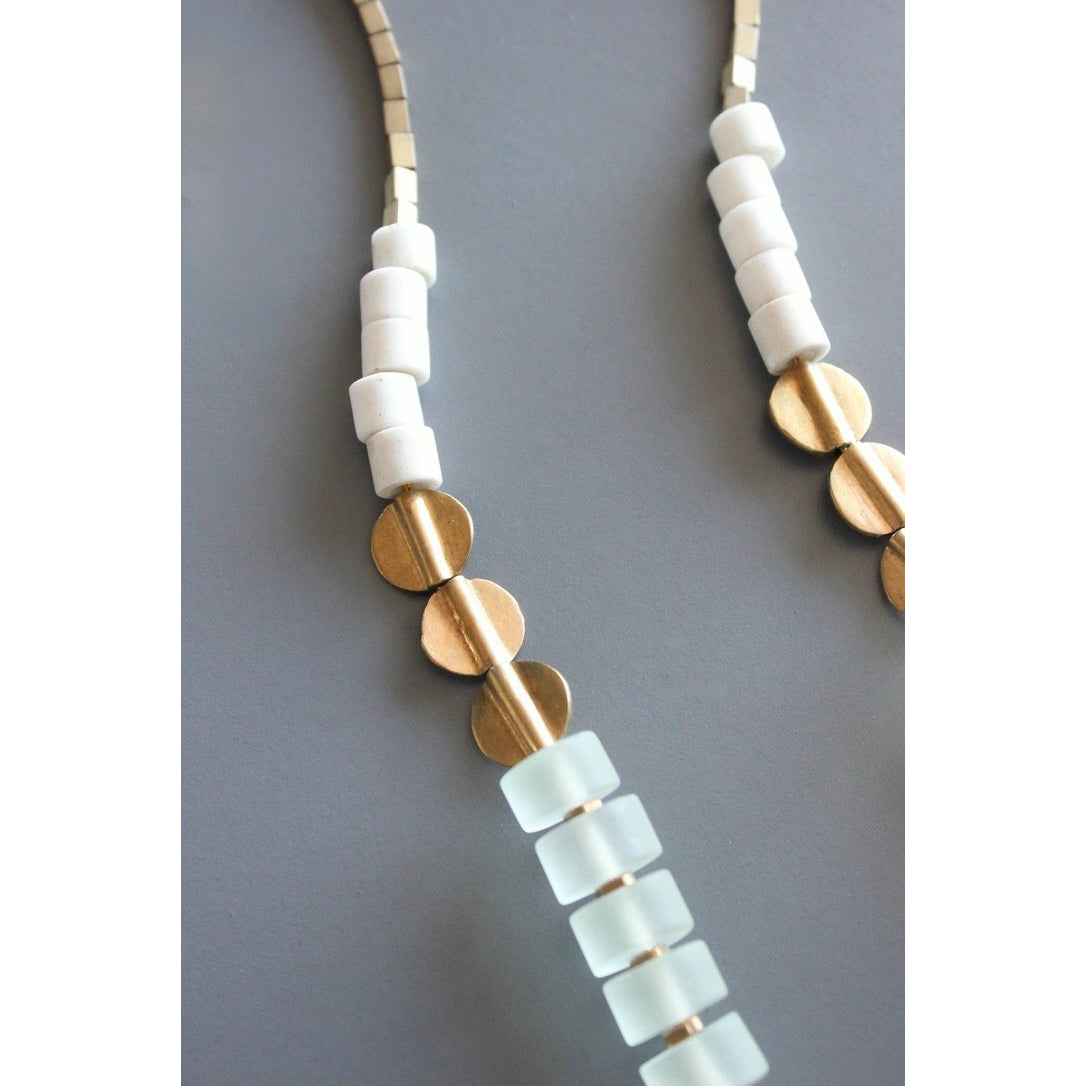 Frosted Green Glass + Brass Long Necklace