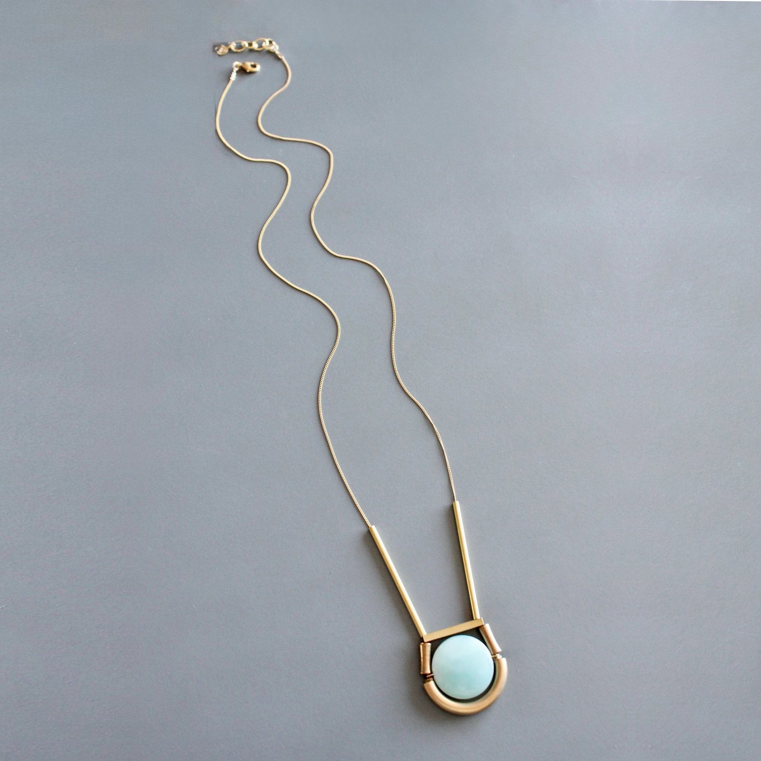 Amazonite + Brass Geometric Long Necklace