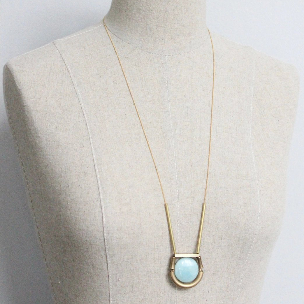 Amazonite + Brass Geometric Long Necklace