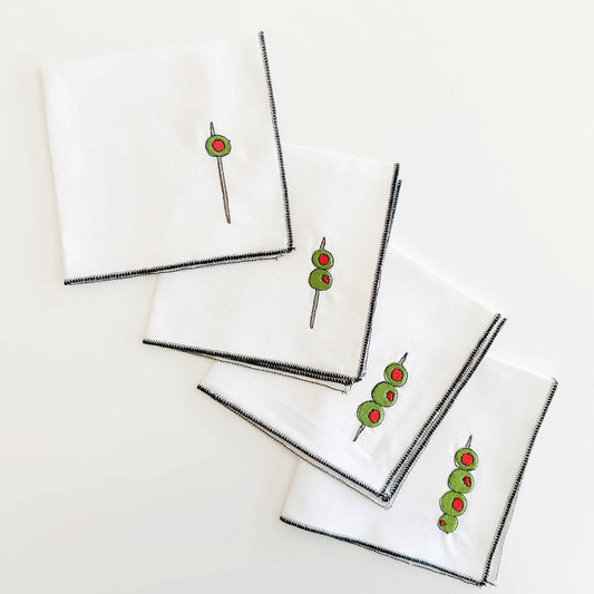 Embroidered Martini Olive Cocktail Napkins (Set of 4)