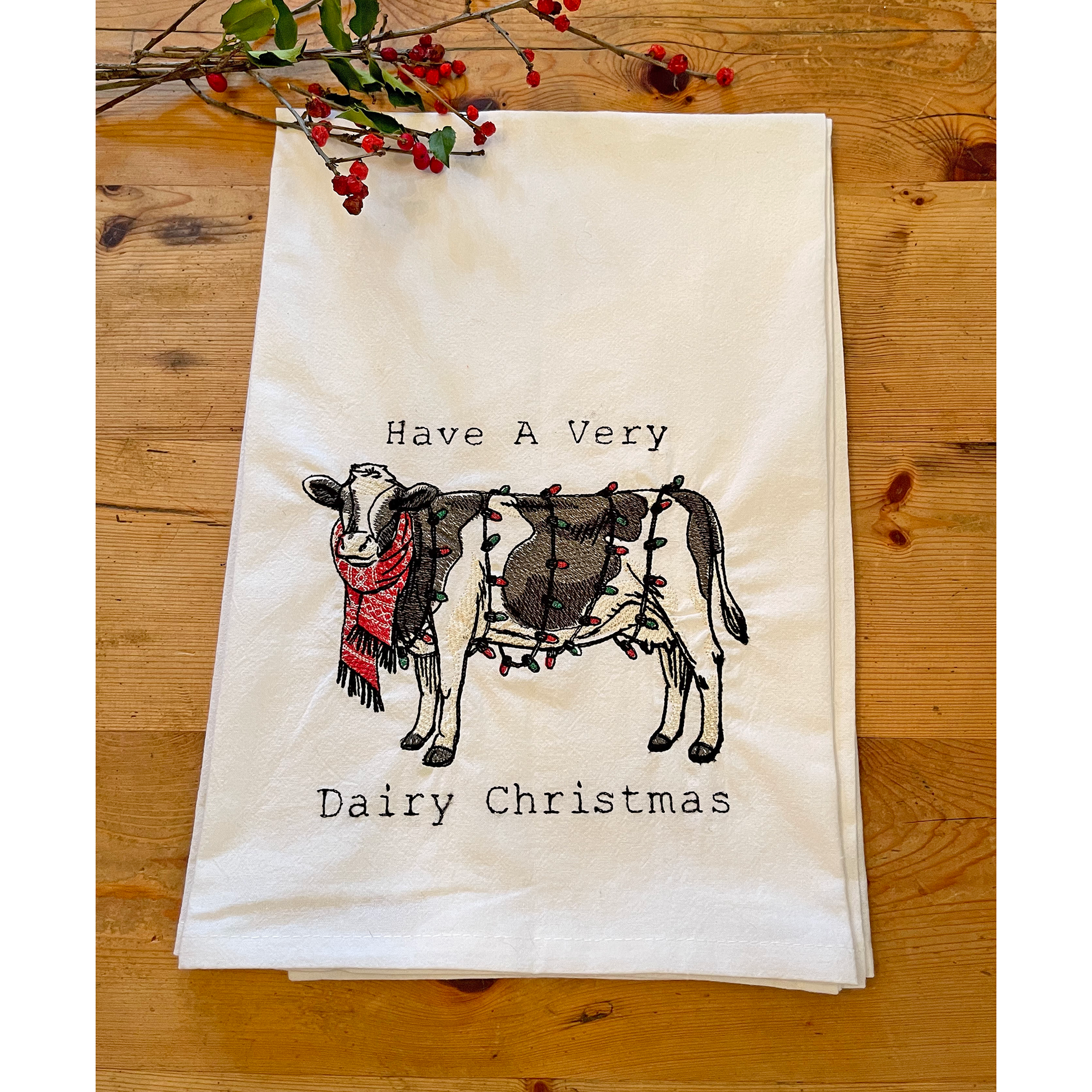 Dairy Christmas - Embroidered Flour Sack Kitchen Towel