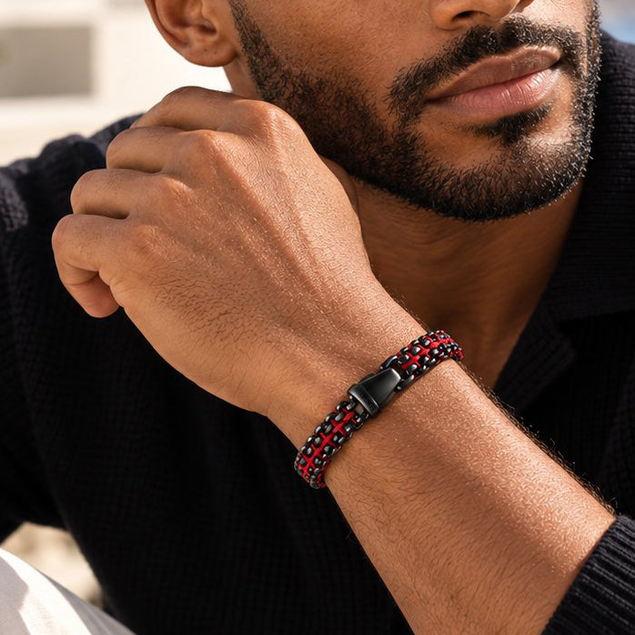 Limited-Edition Black Steel Link + Red Nylon ‘Argos’ Men’s Bracelet