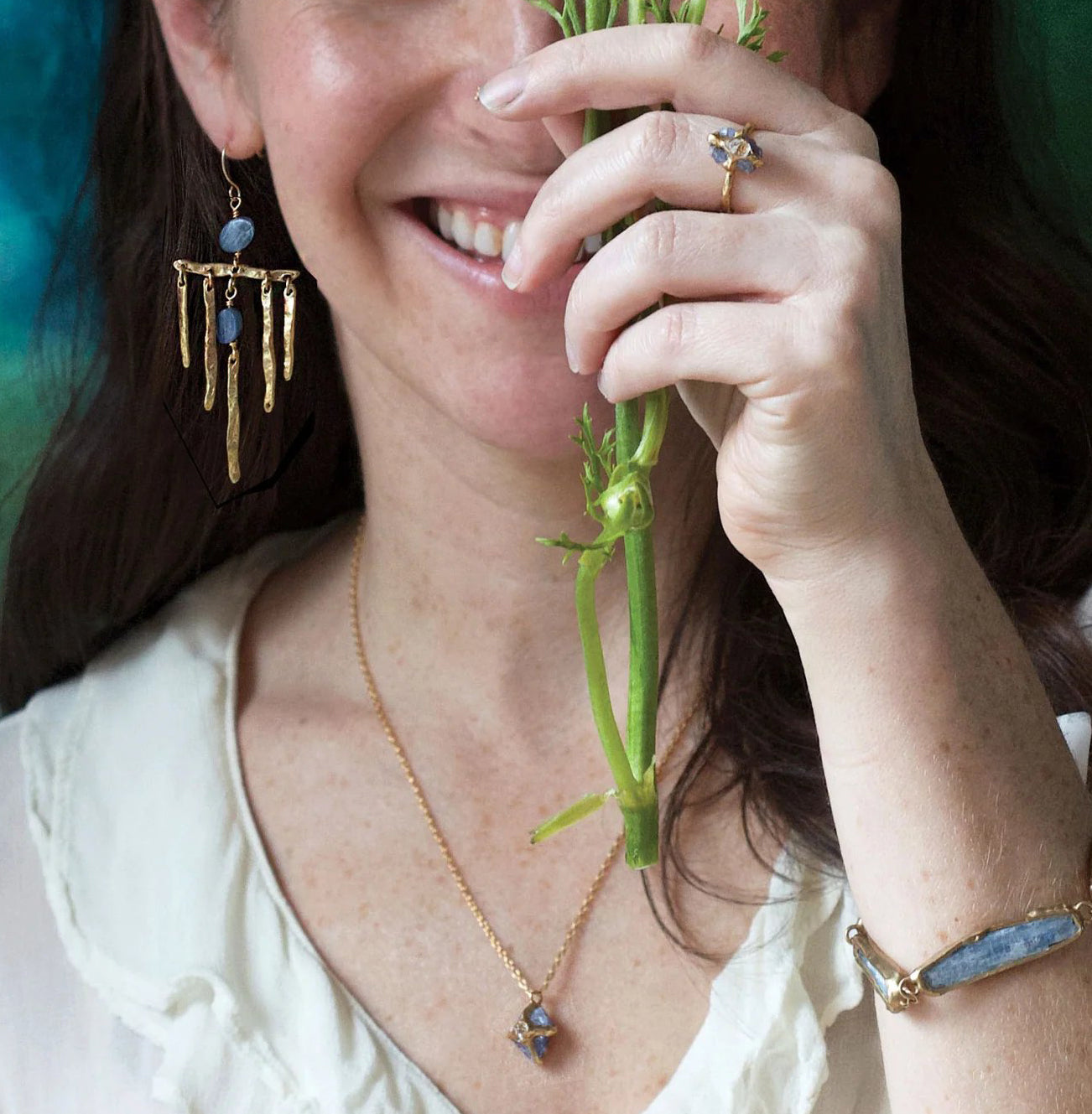 Brass + Tanzanite ‘Interflora’ Pendant Necklace with Herkimer Diamond