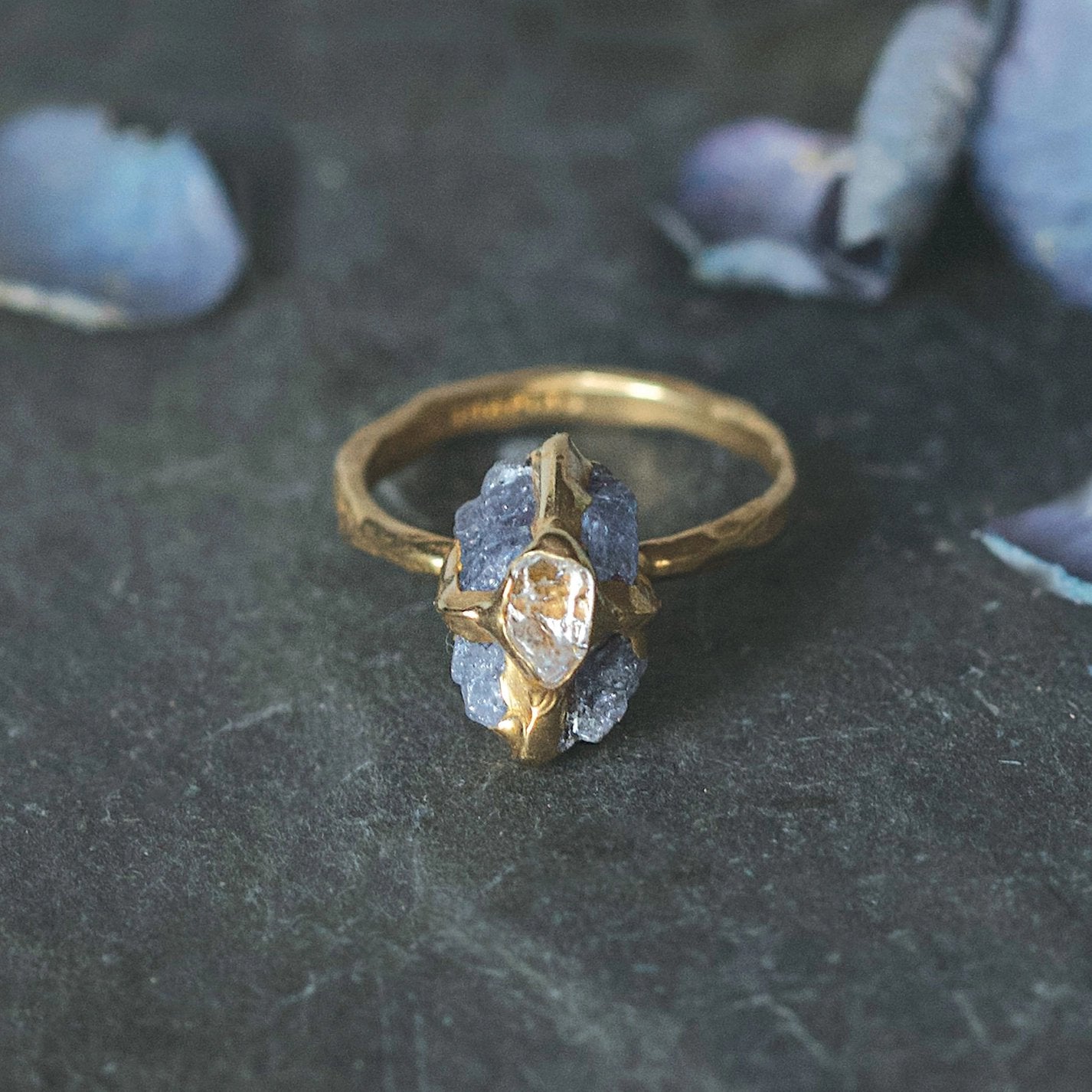 Brass + Tanzanite ‘Interflora’ Ring with Herkimer Diamond