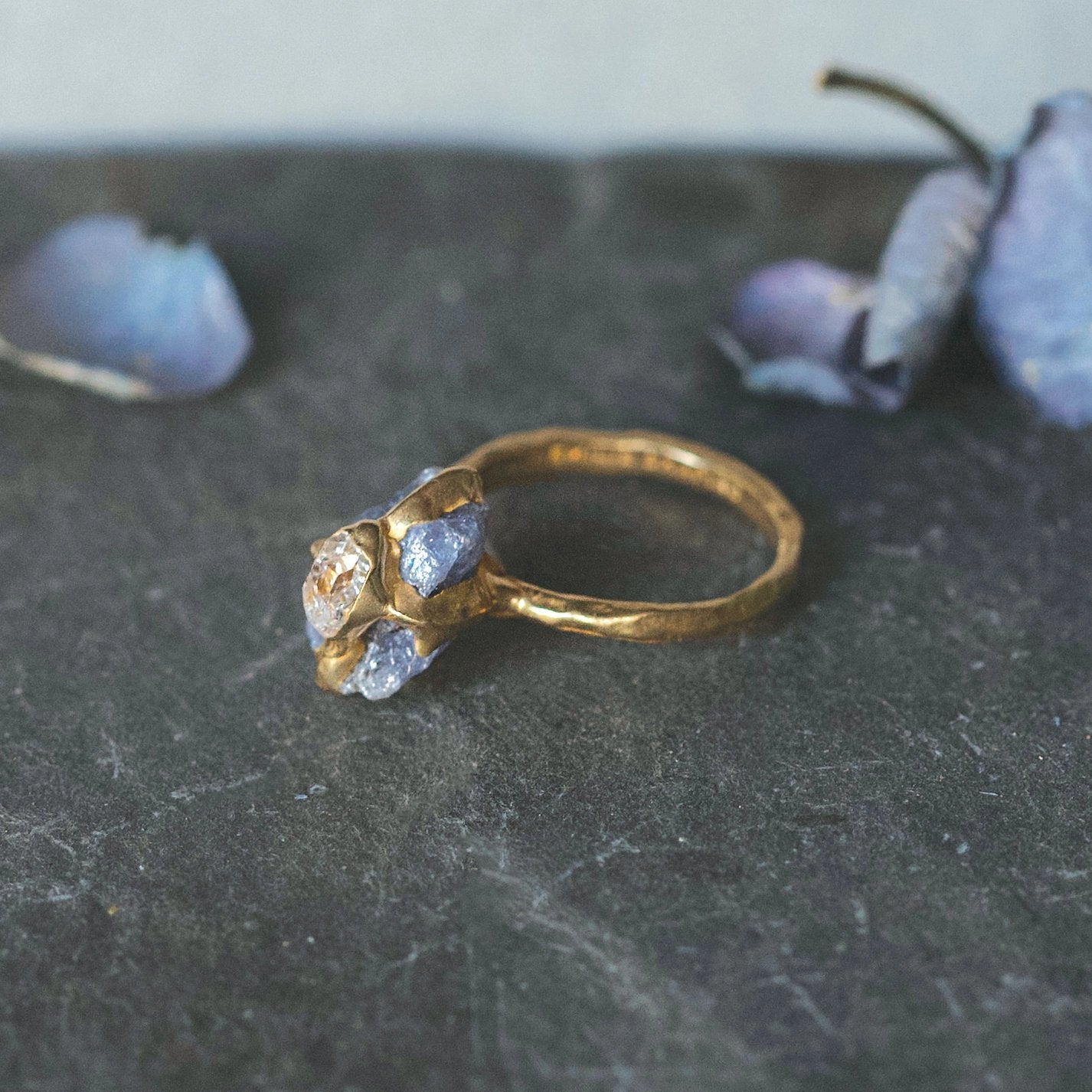 Brass + Tanzanite ‘Interflora’ Ring with Herkimer Diamond
