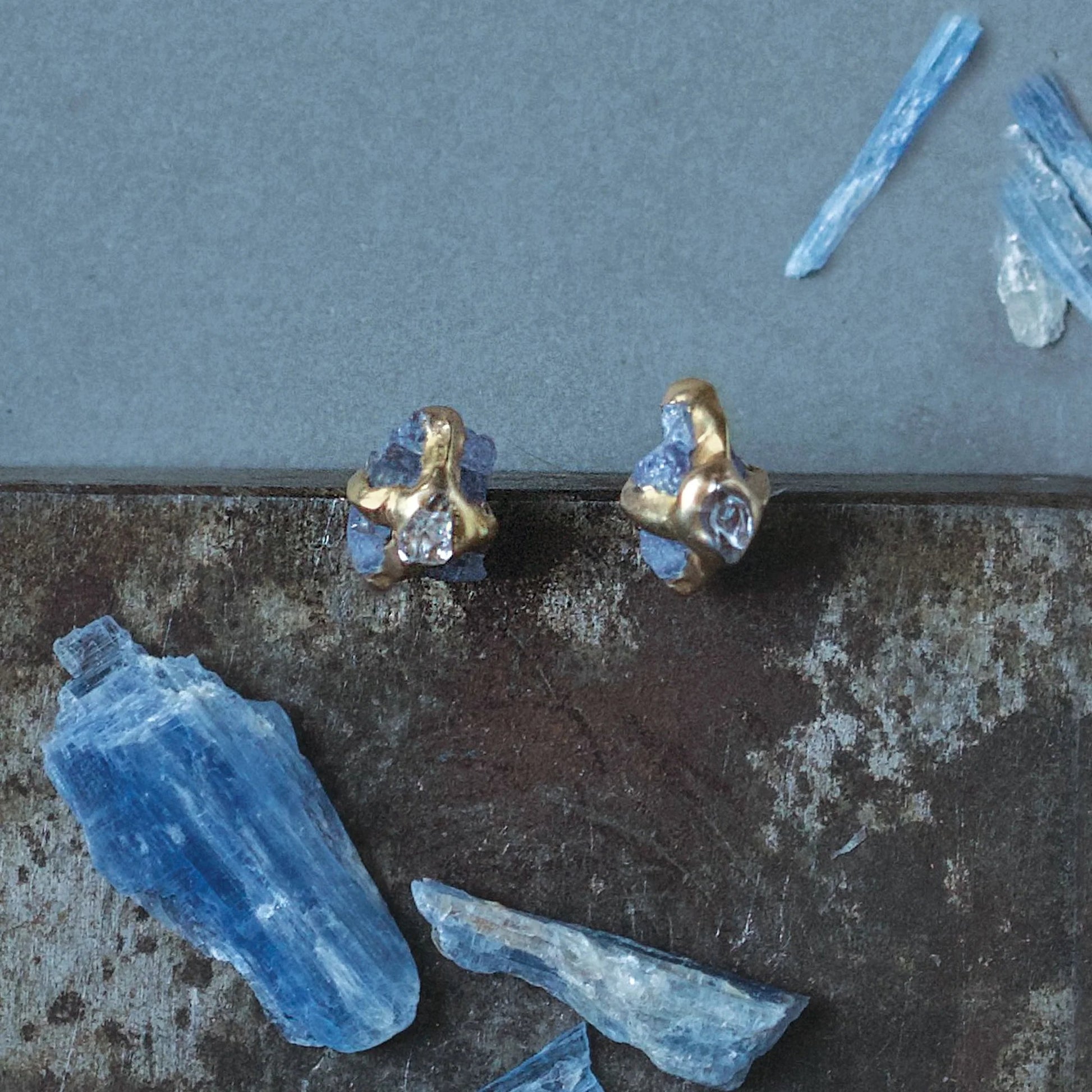 Brass + Tanzanite ‘Interflora’ Stud Earrings with Herkimer Diamond