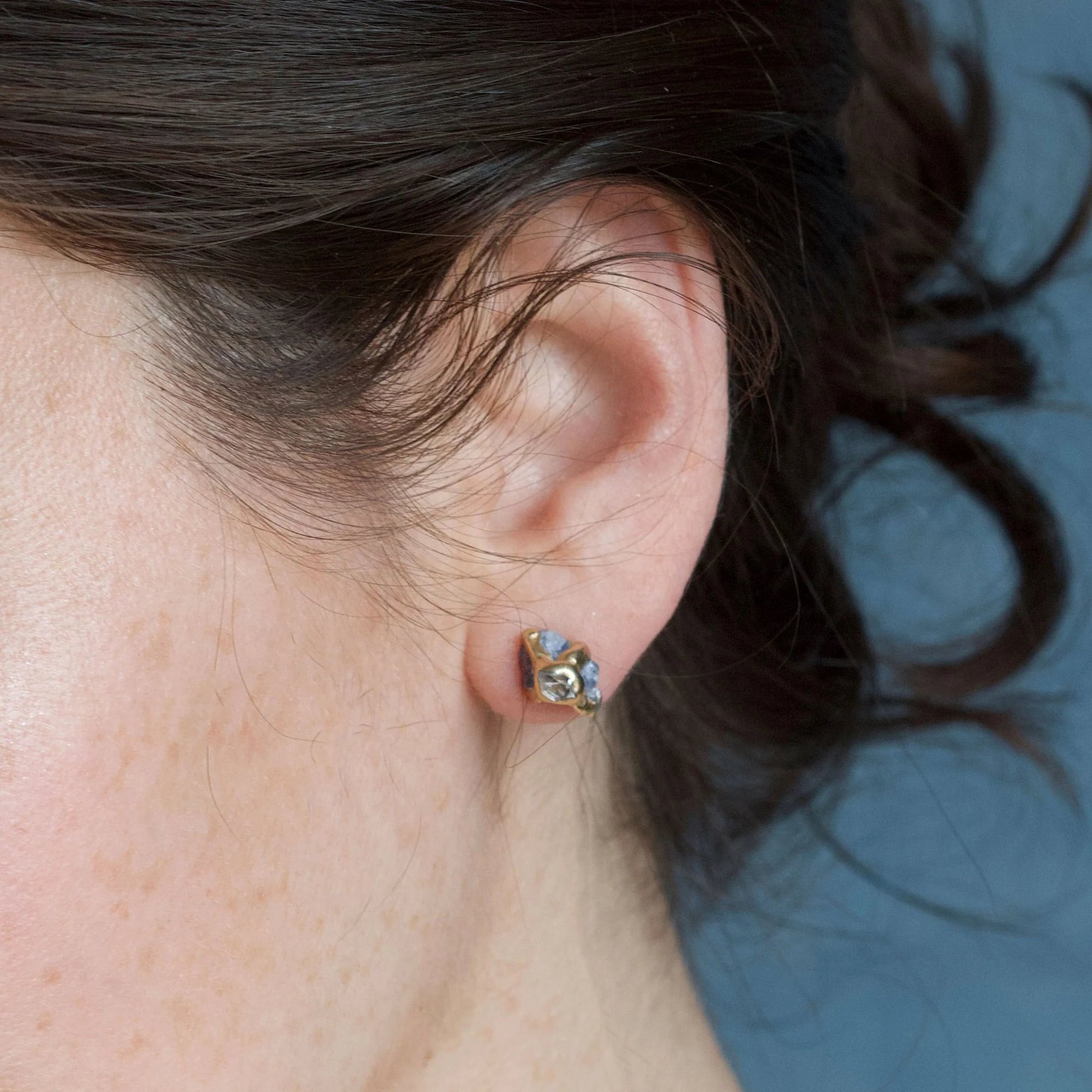 Brass + Tanzanite ‘Interflora’ Stud Earrings with Herkimer Diamond
