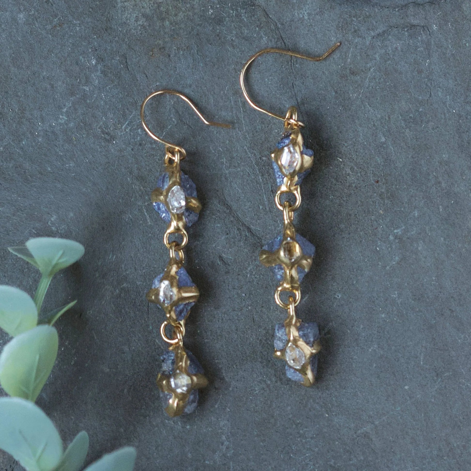Brass + Tanzanite ‘Interflora Trio’ Drop Earrings with Herkimer Diamonds