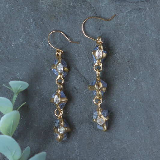 Brass + Tanzanite ‘Interflora Trio’ Drop Earrings with Herkimer Diamonds