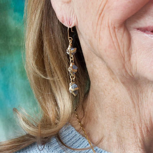 Brass + Tanzanite ‘Interflora Trio’ Drop Earrings with Herkimer Diamonds