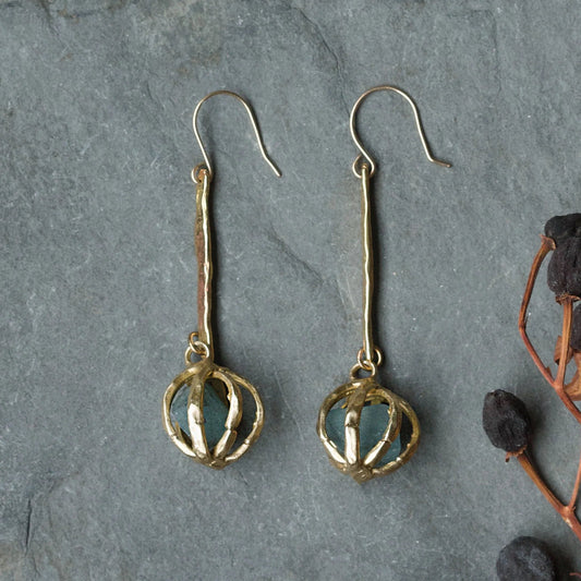 Brass + Aquamarine ‘Seed Pod’ Drop Earrings