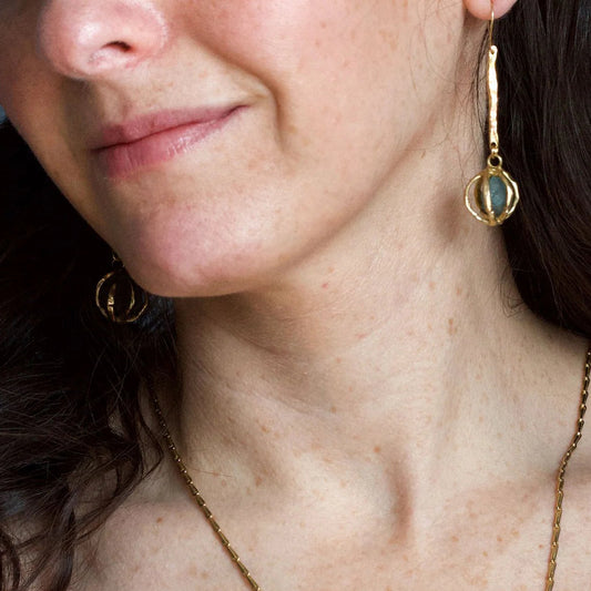 Brass + Aquamarine ‘Seed Pod’ Drop Earrings