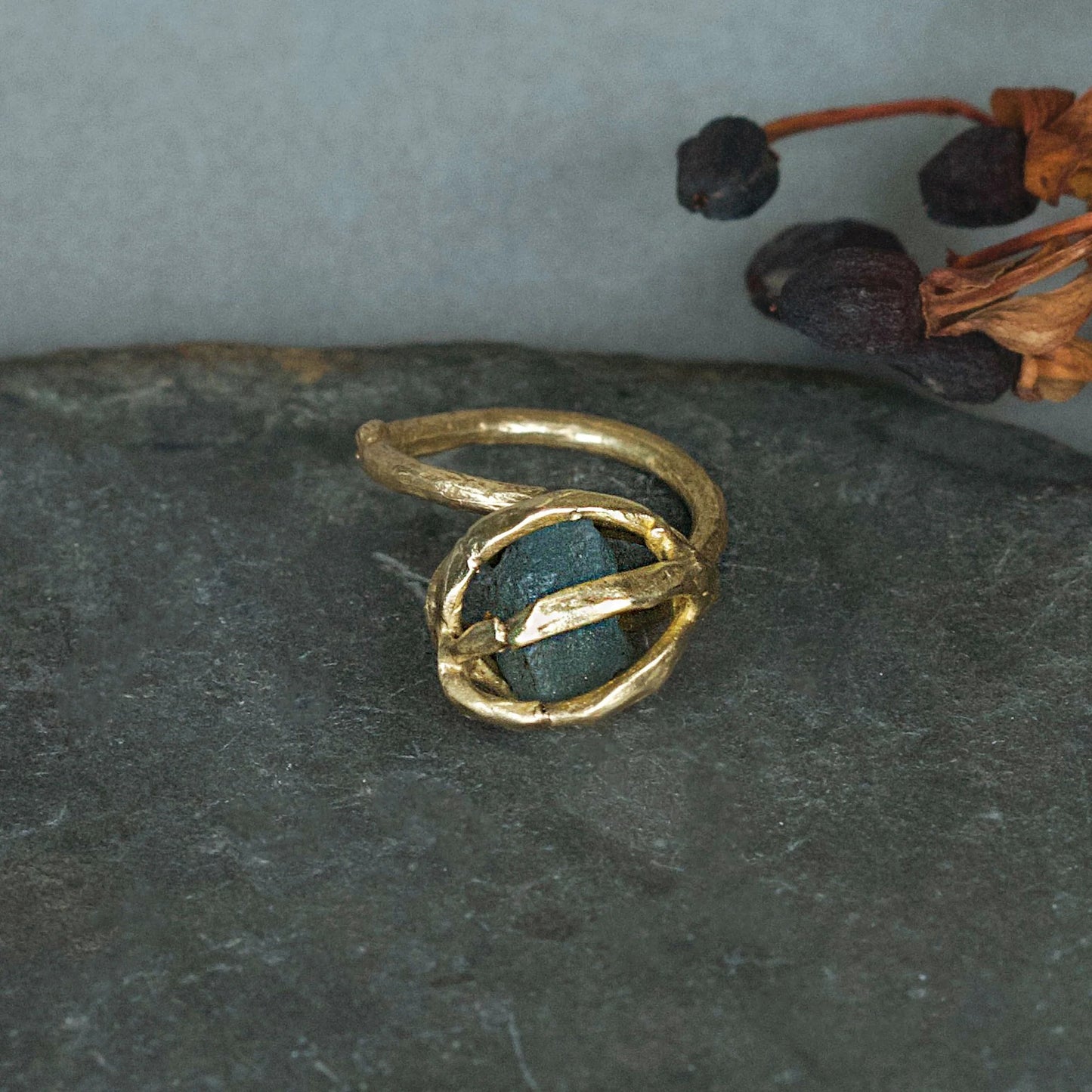 Brass + Aquamarine ‘Seed Pod’ Ring