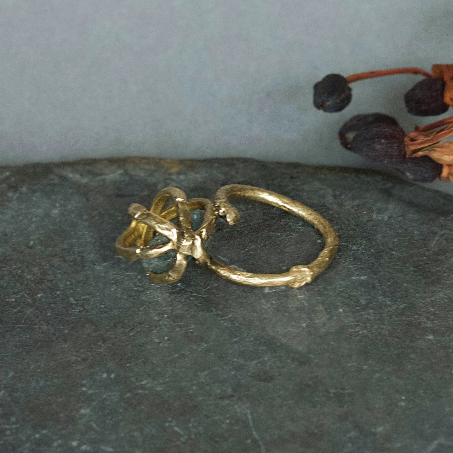 Brass + Aquamarine ‘Seed Pod’ Ring