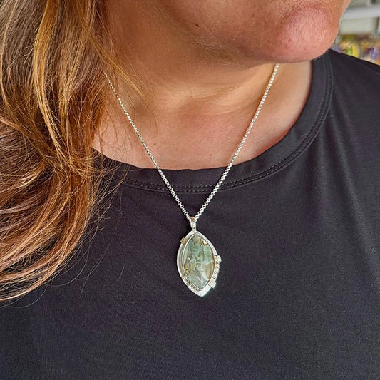 Sterling Silver + 14k Gold 'Early Blue' Pendant Necklace with Ibis Jasper