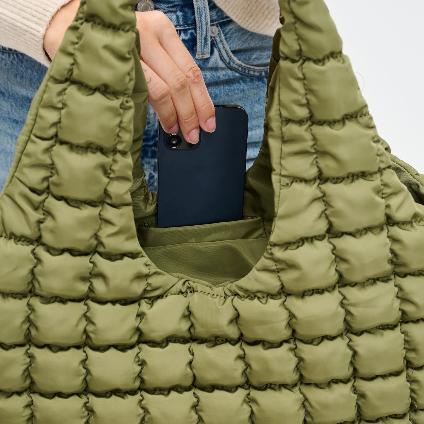 Elevate Quilted Nylon Puffer Hobo Bag - Olive