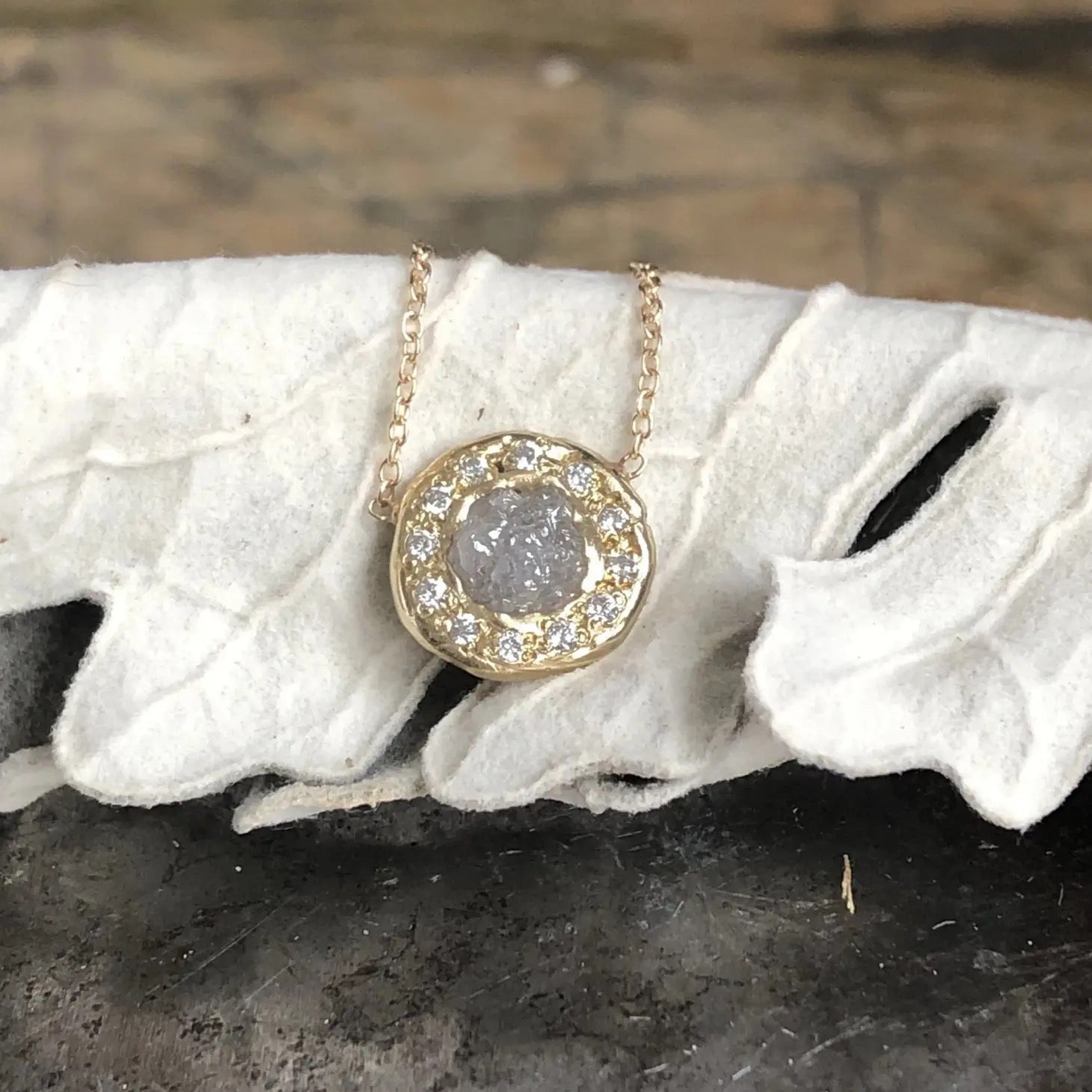 14k Gold Pendant Necklace with Raw Grey Diamond + Cut White Diamond Halo