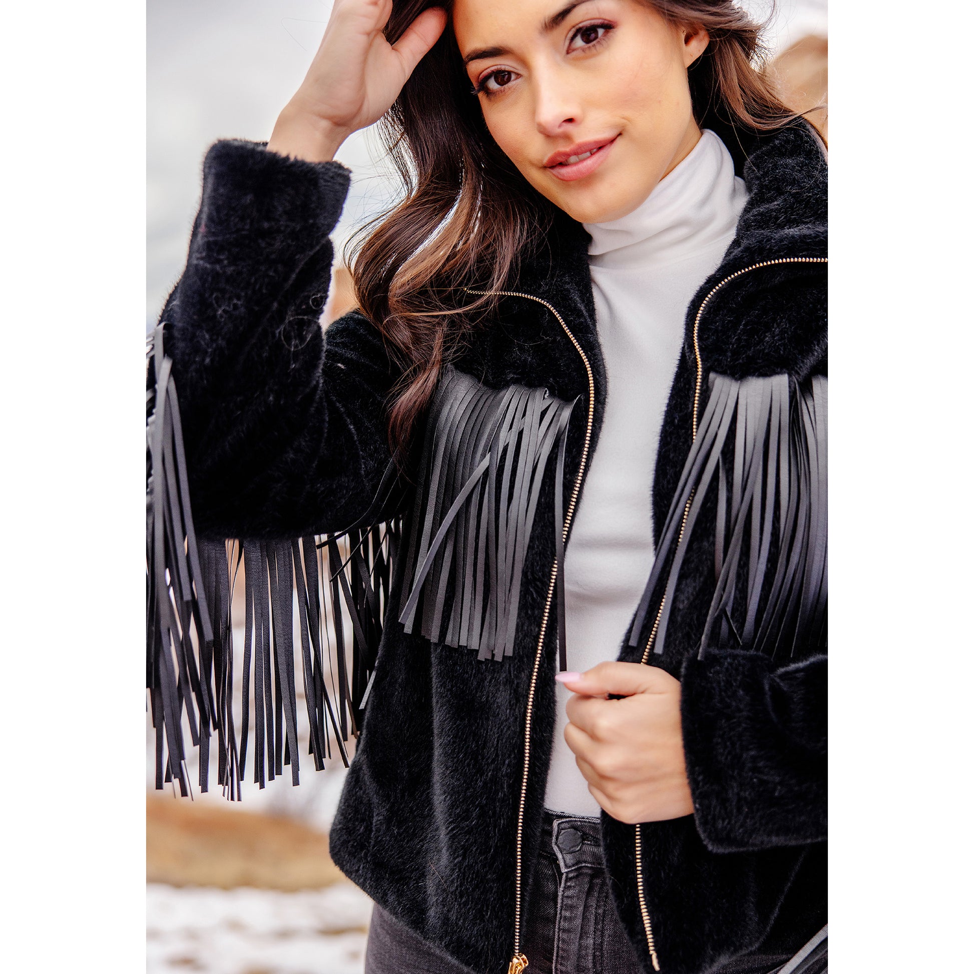 Faux Fur 'Farrah Fringe' Jacket - Black