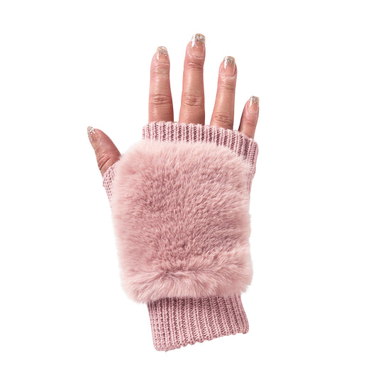 Faux Fur Knitted Fingerless Gloves - Blush