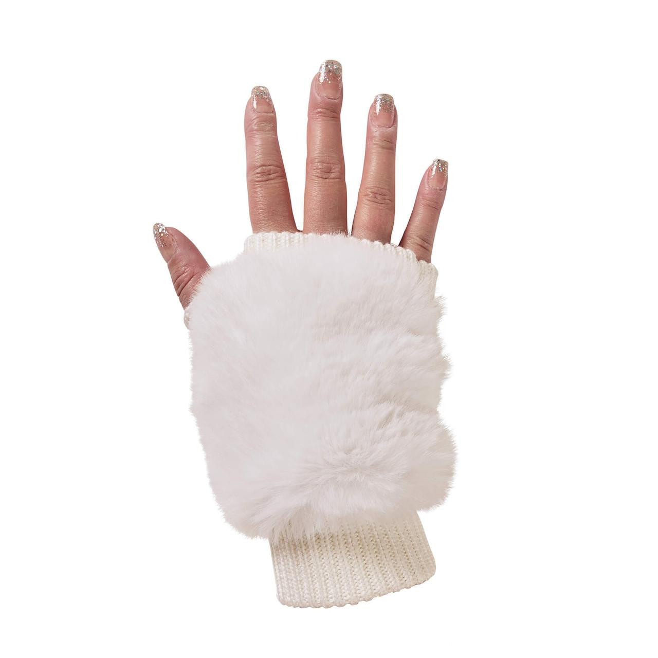 Faux Fur Knitted Fingerless Gloves - Ivory