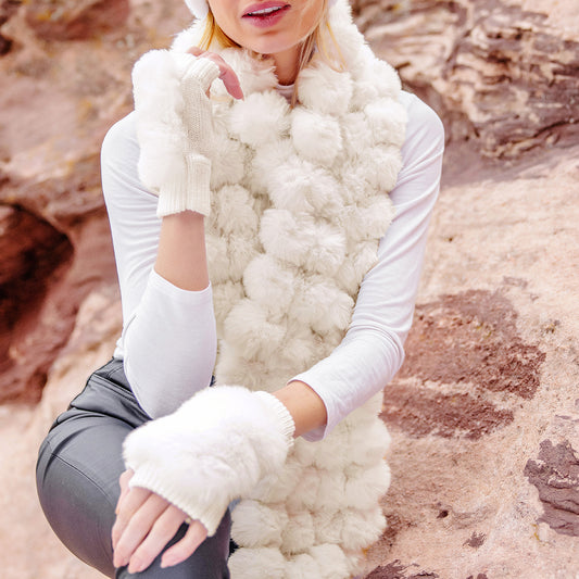 Faux Fur Knitted Fingerless Gloves - Ivory