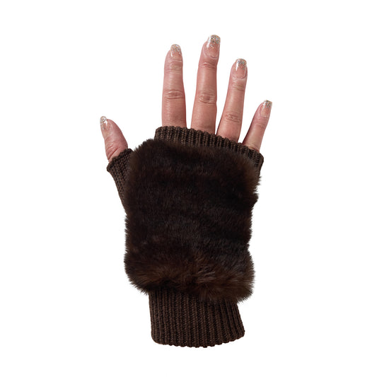 Faux Fur Knitted Fingerless Gloves - Whiskey