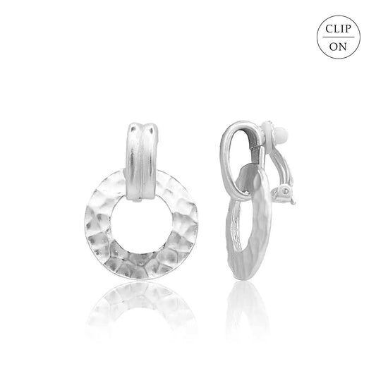 Flat Hammered Circle Clip-On Door Knocker Earrings - Silver
