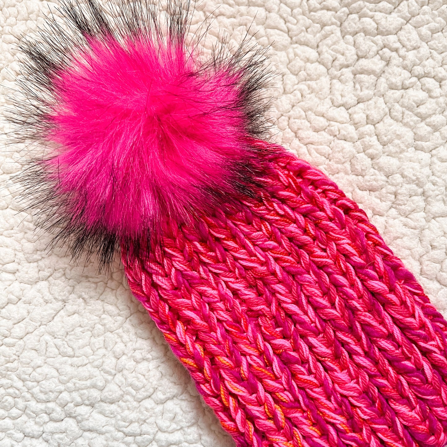 Handknit Pom-Pom Beanie (Select Color) Fuchsia Twist