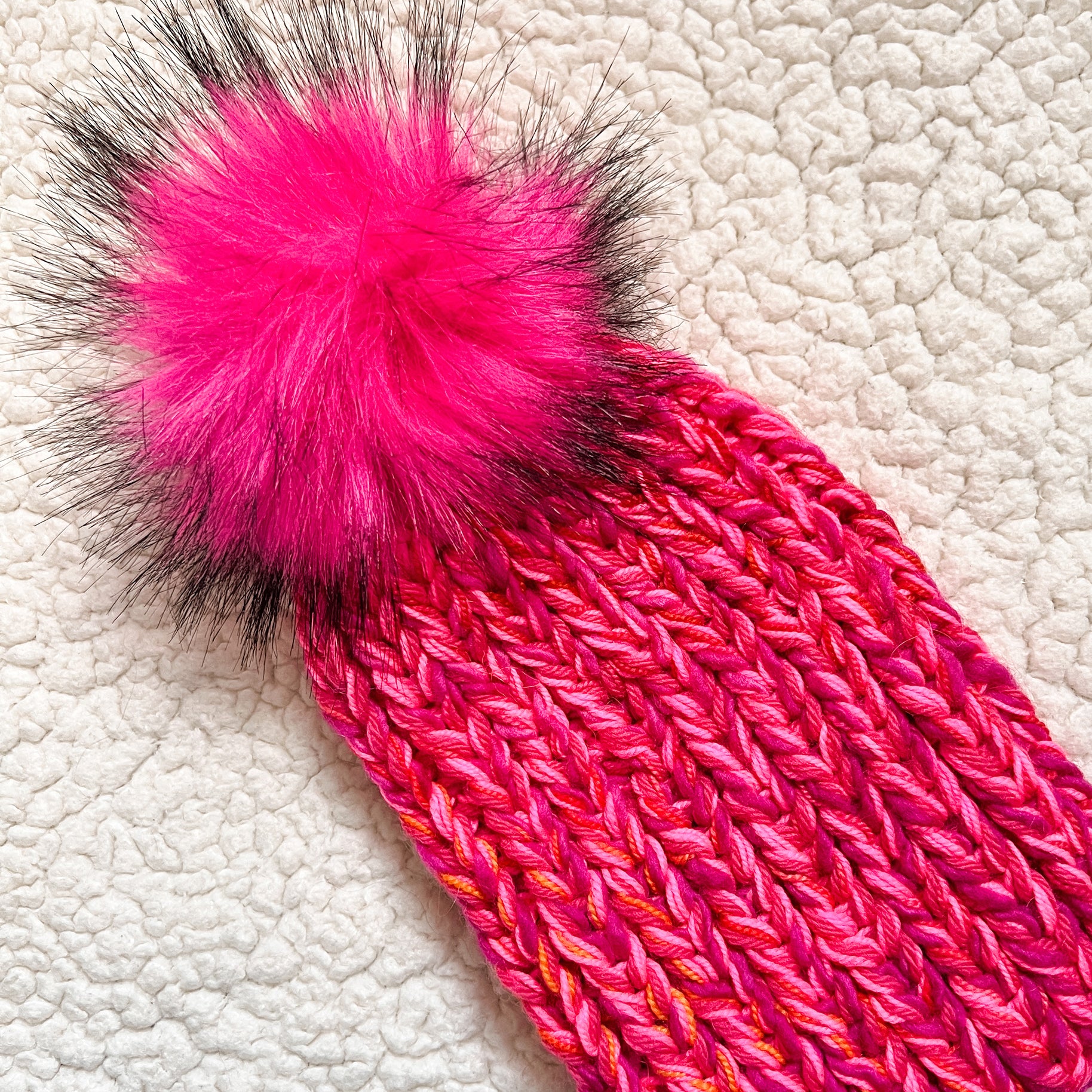 Handknit Pom-Pom Beanie (Select Color) Fuchsia Twist