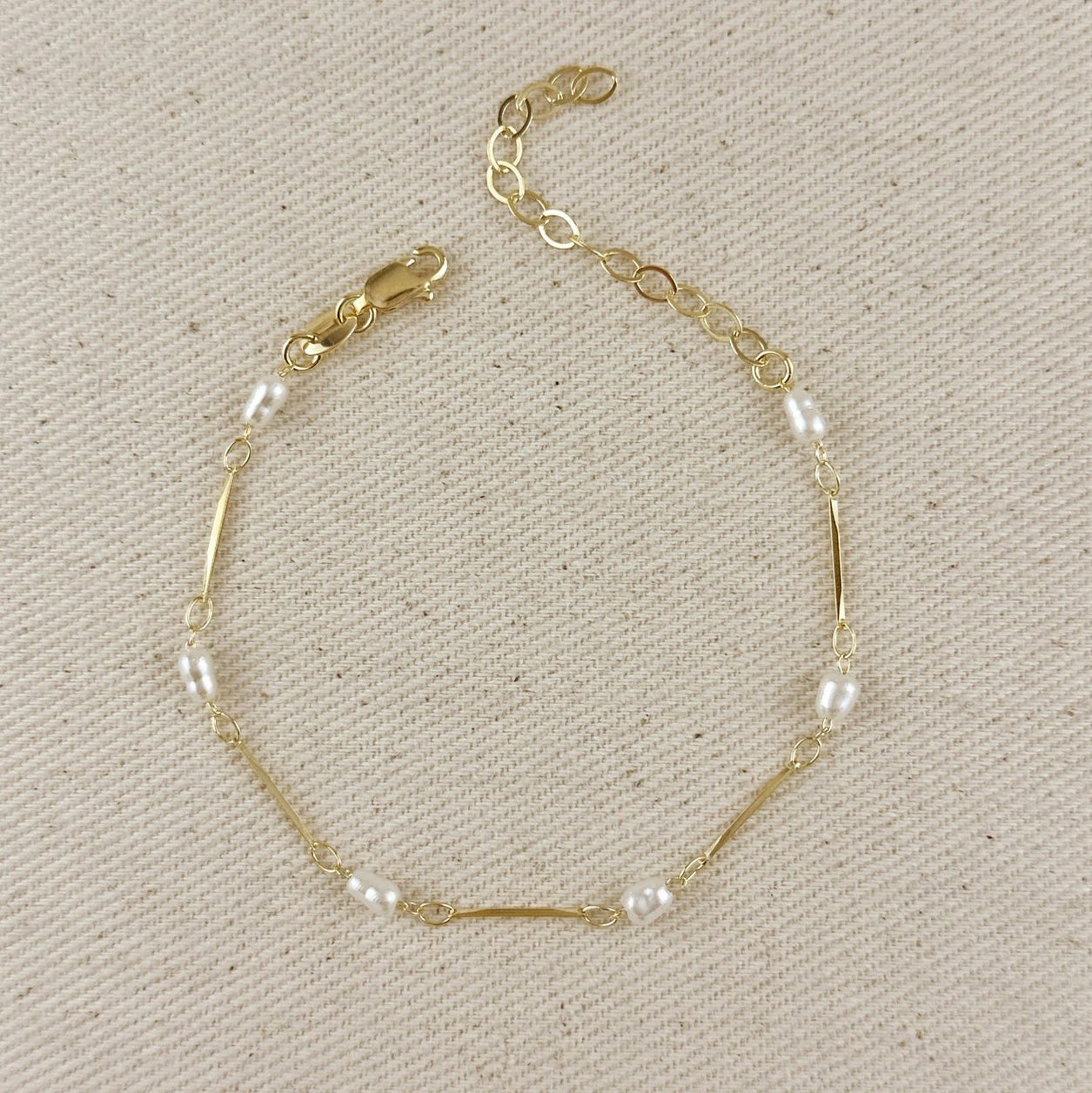 Pearl Bead + Straw Link Bracelet - Gold Fill