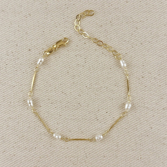 Pearl Bead + Straw Link Bracelet - Gold Fill