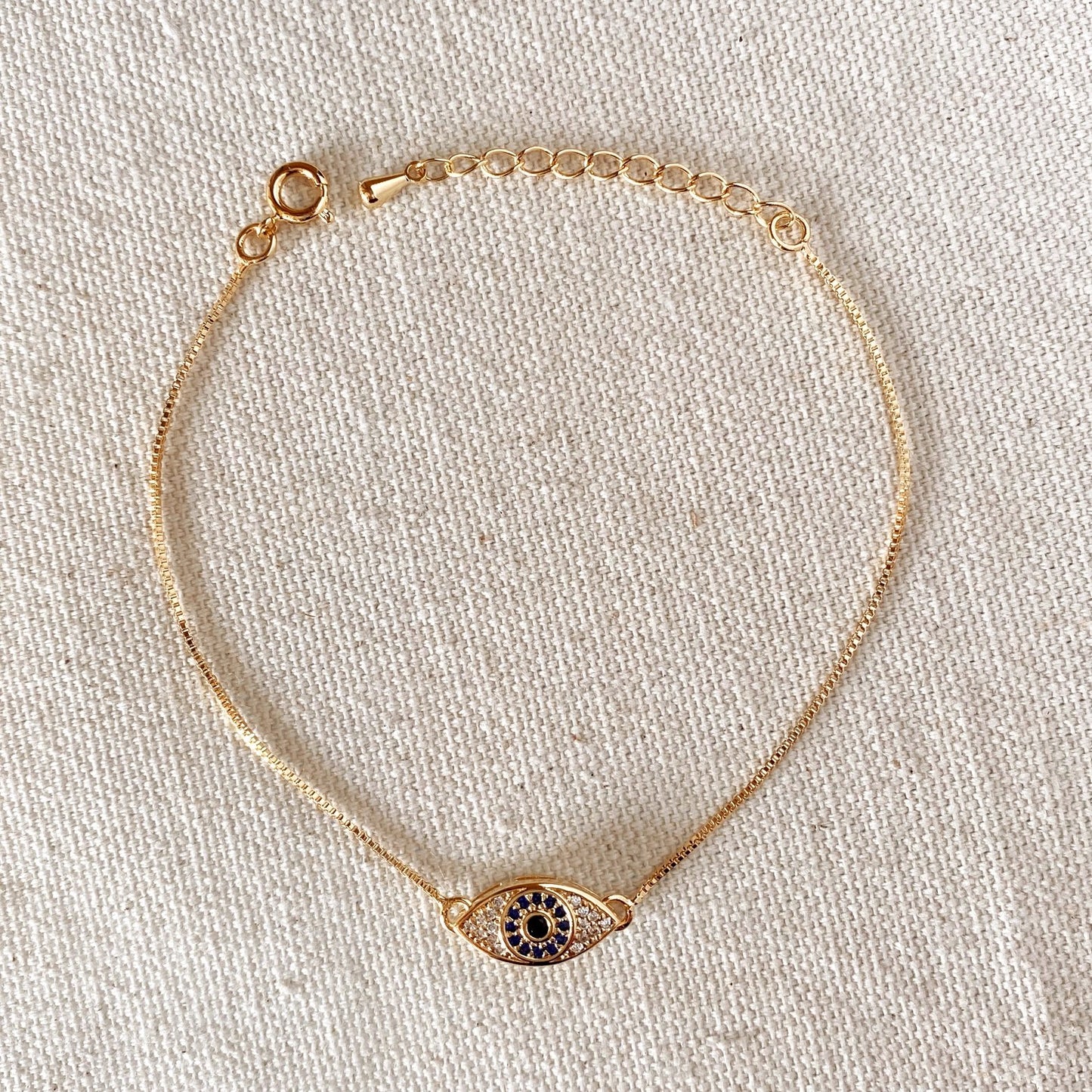 Evil Eye Bracelet with Sapphire + Clear CZs – Gold Filled