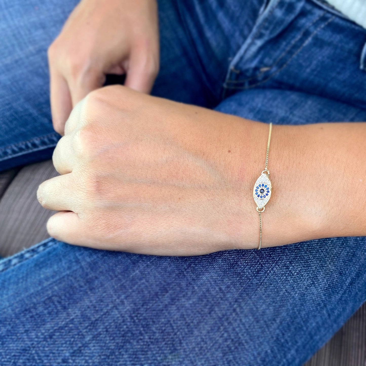 Evil Eye Bracelet with Sapphire + Clear CZs – Gold Filled