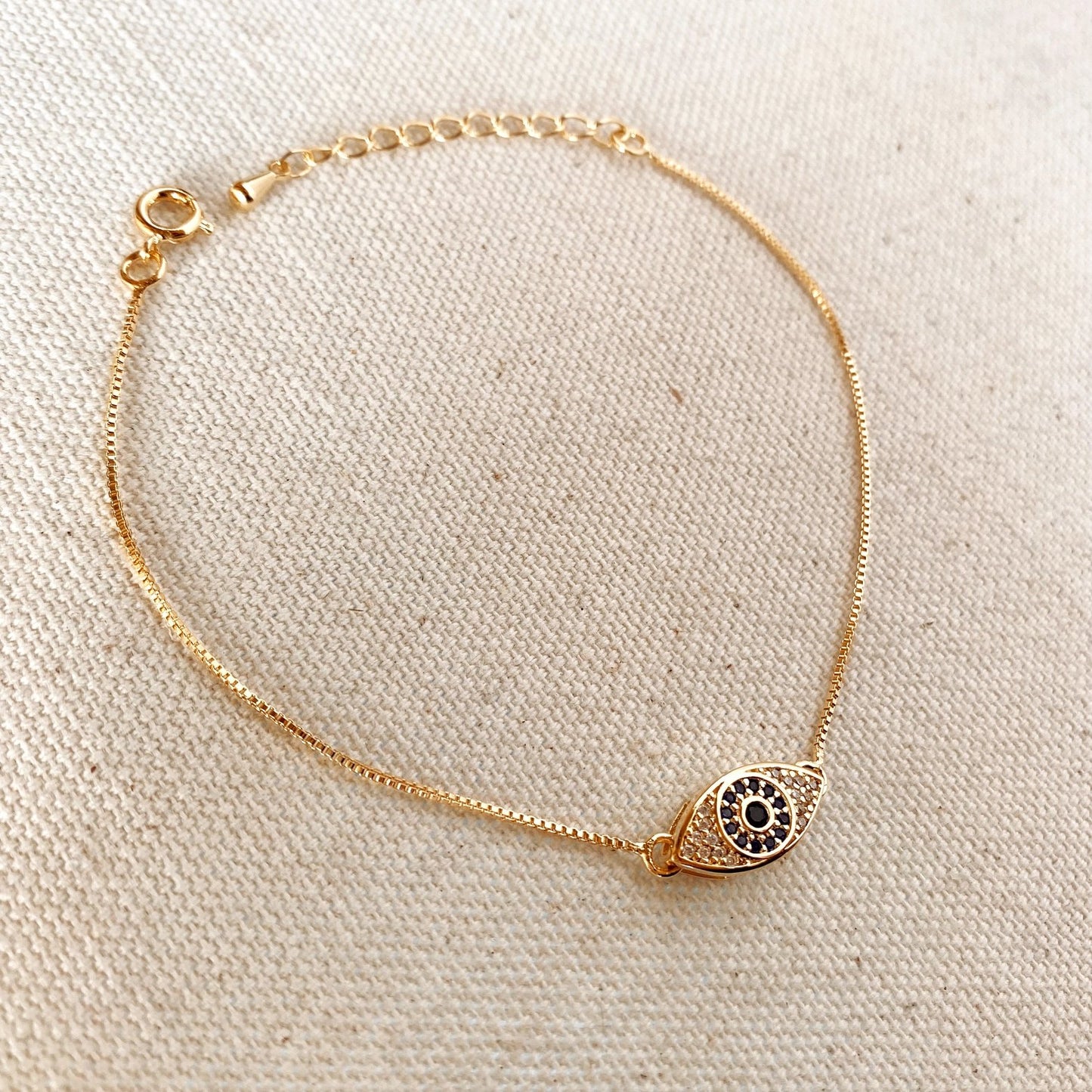 Evil Eye Bracelet with Sapphire + Clear CZs – Gold Filled
