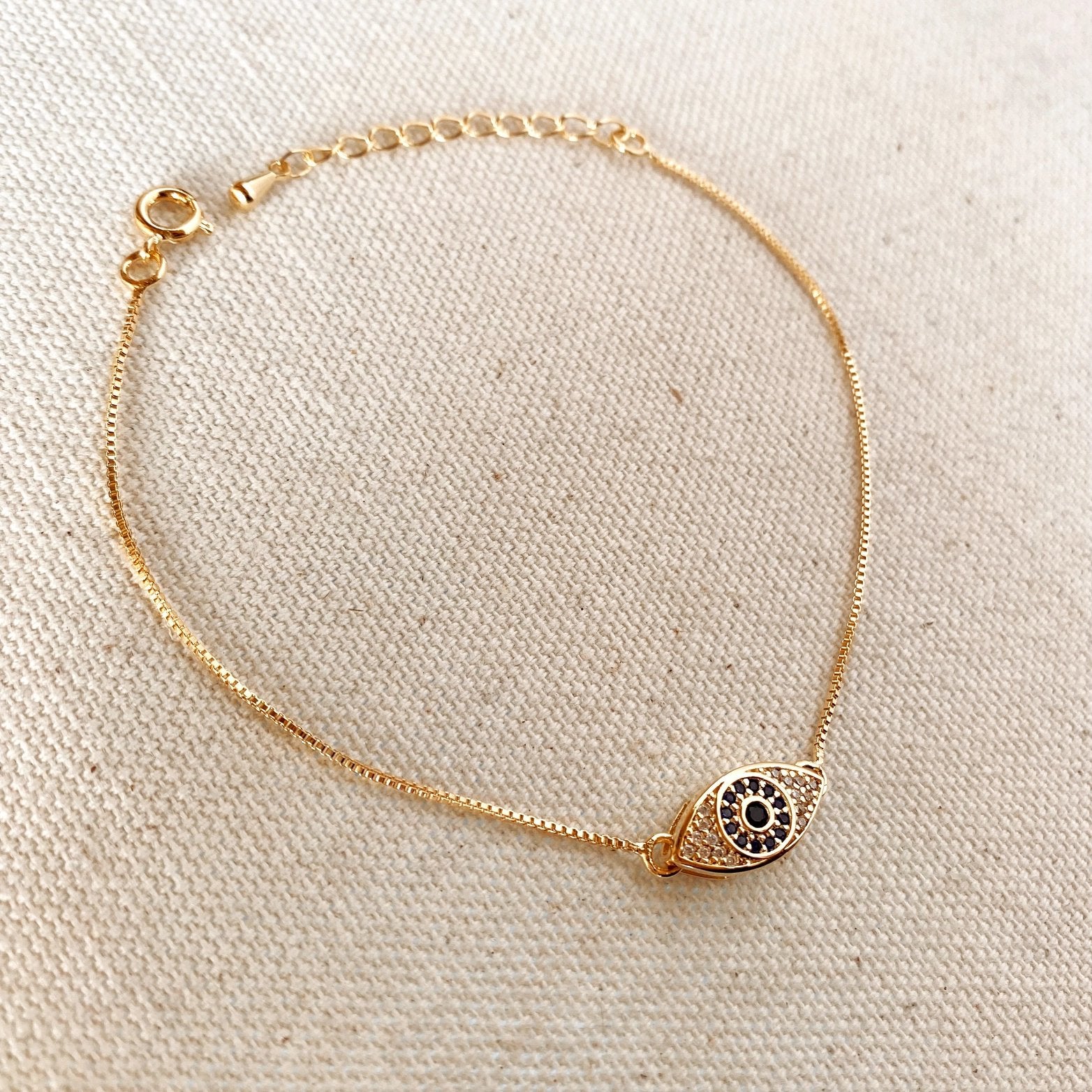 Evil Eye Bracelet with Sapphire + Clear CZs – Gold Filled