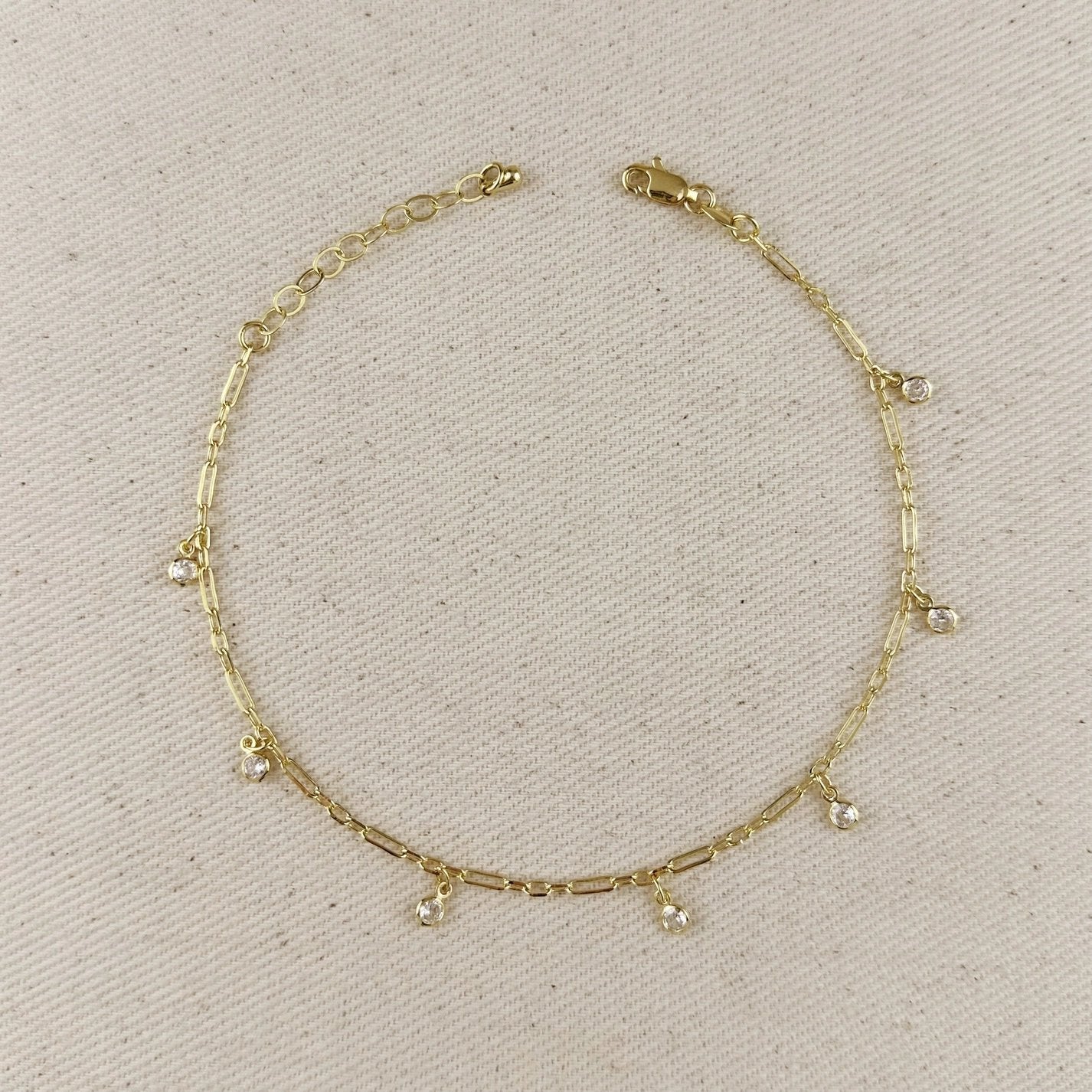 Gold Filled Paperclip Chain with Bezel CZ Drops Anklet