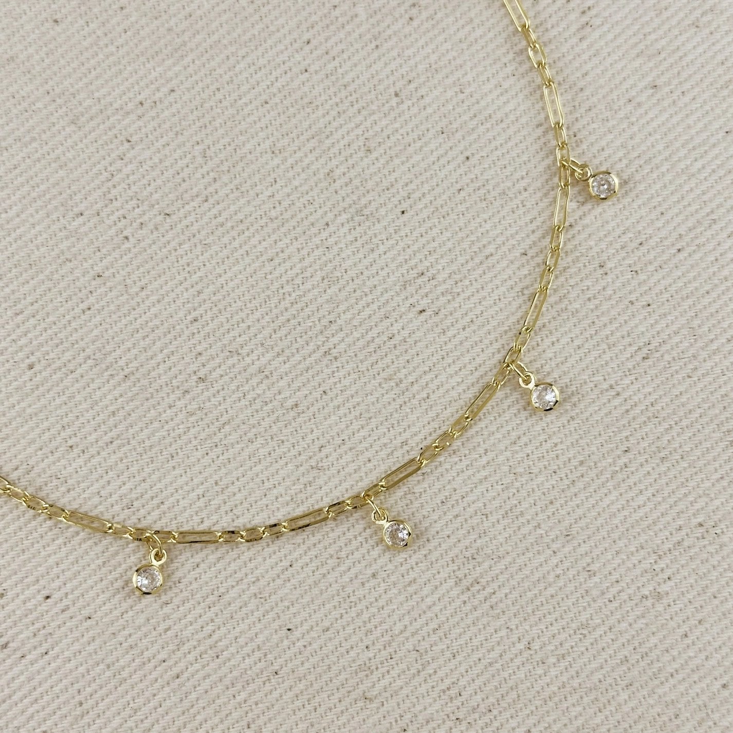 Gold Filled Paperclip Chain with Bezel CZ Drops Anklet