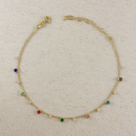 Gold Filled Multicolor Micro CZ Anklet