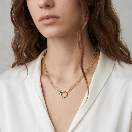 Paperclip Chain Necklace with Round Clicker Clasp - Gold Filled
