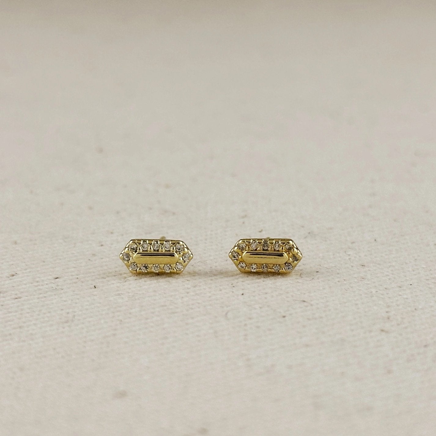 Mini Pointed Rectangle Shield Stud Earrings - Gold Filled with CZs