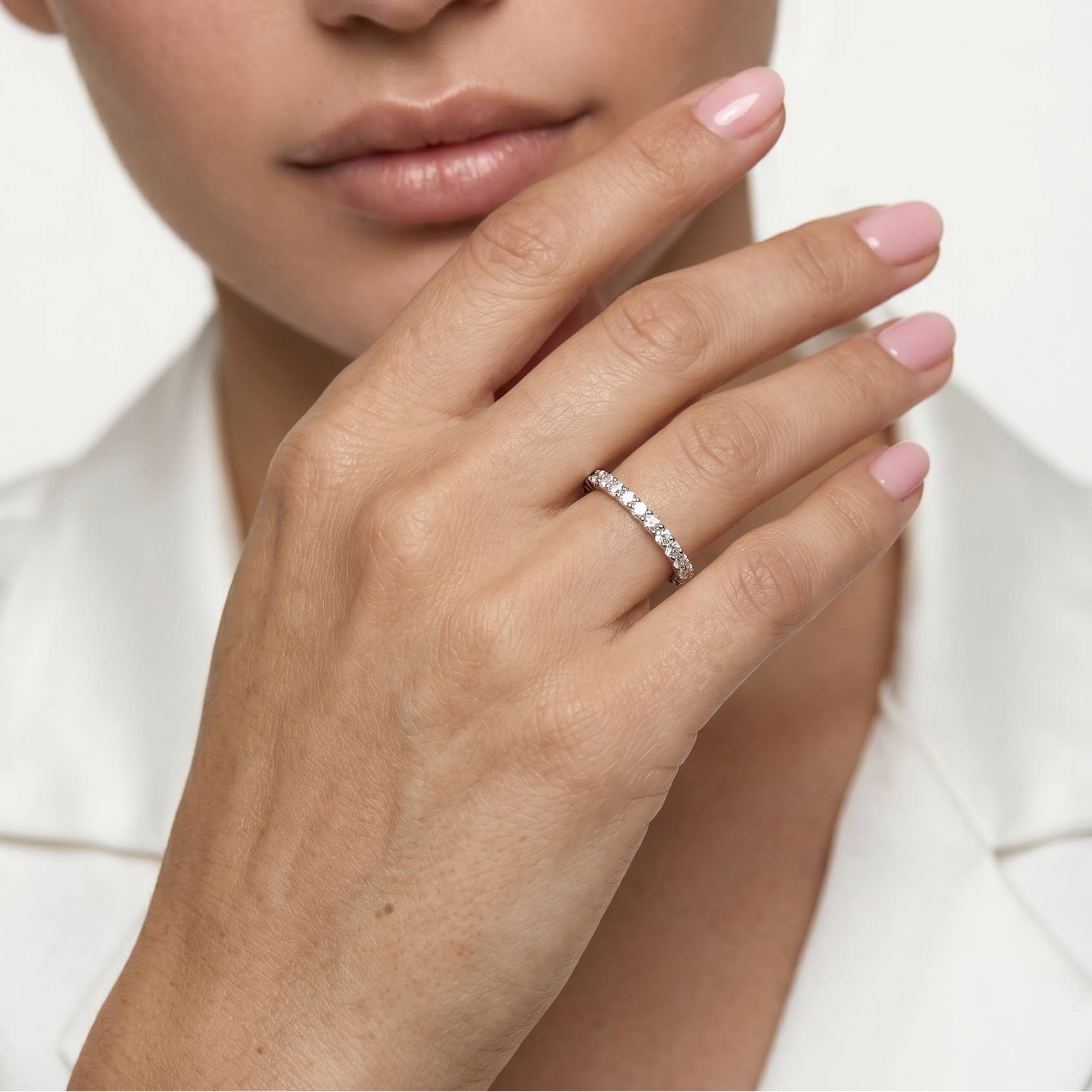 Moissanite Eternity Band Ring - Rhodium Plated Sterling Silver (select size)