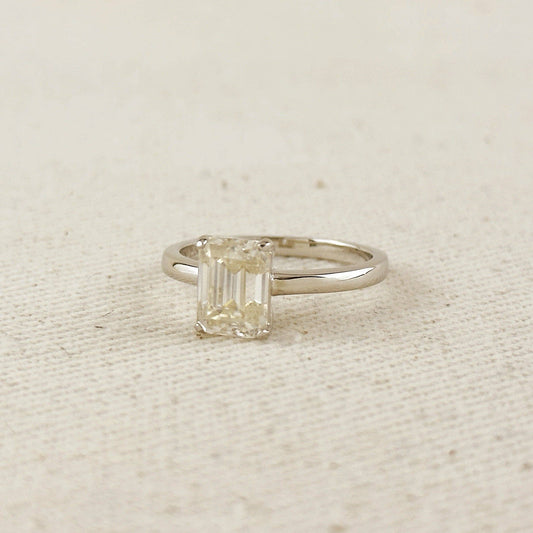 Moissanite Baguette Solitaire Ring - Rhodium Plated Sterling Silver