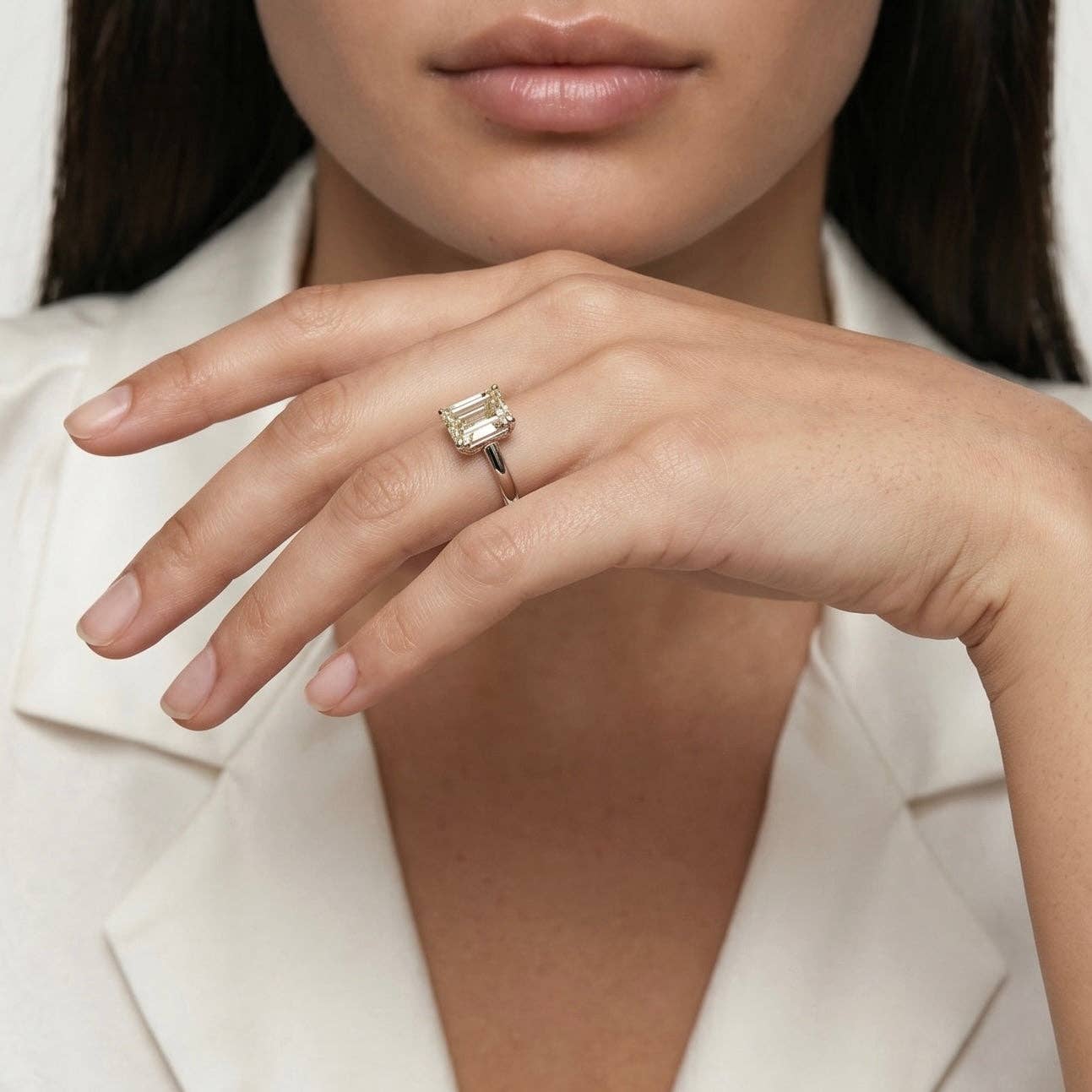 Moissanite Baguette Solitaire Ring - Rhodium Plated Sterling Silver