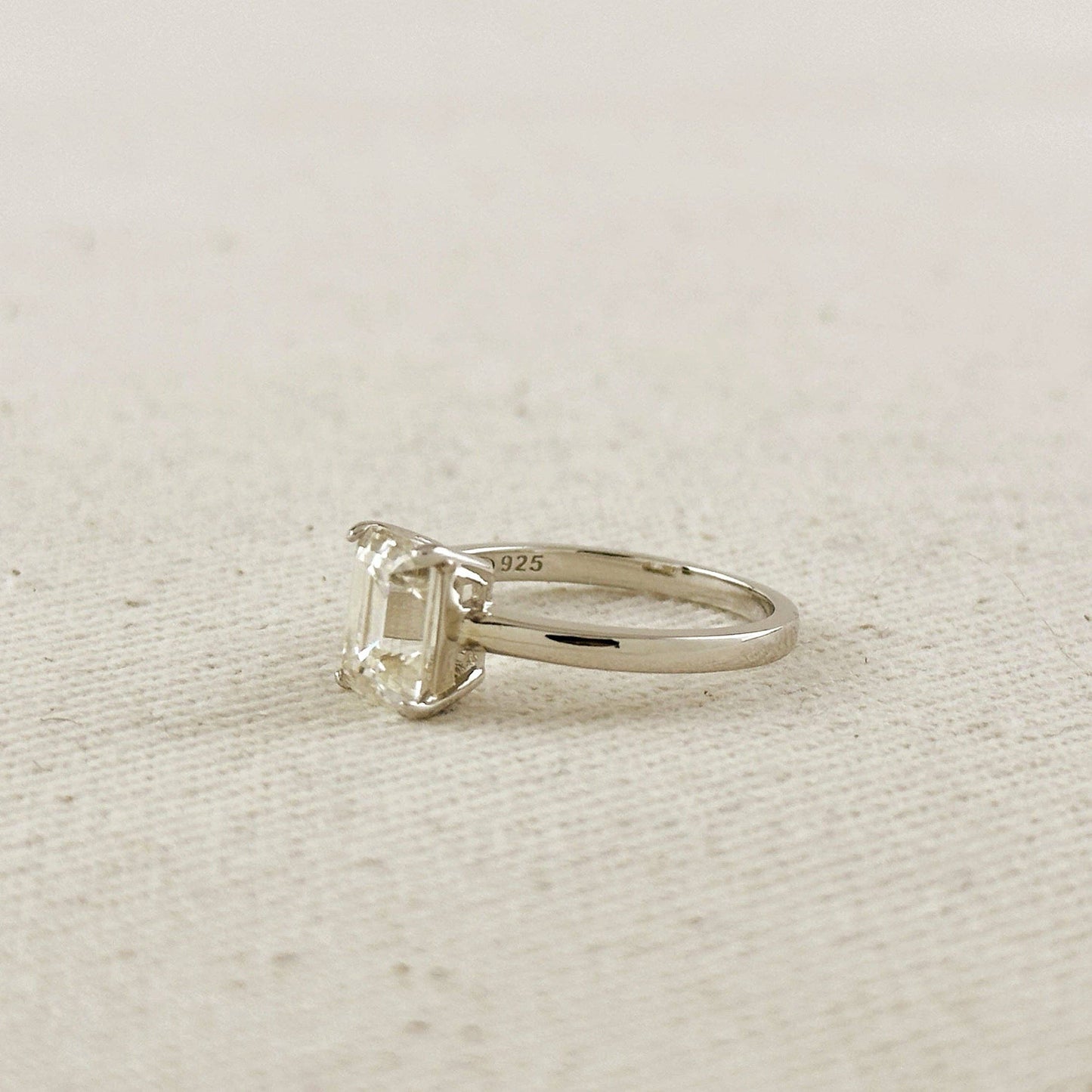 Moissanite Baguette Solitaire Ring - Rhodium Plated Sterling Silver
