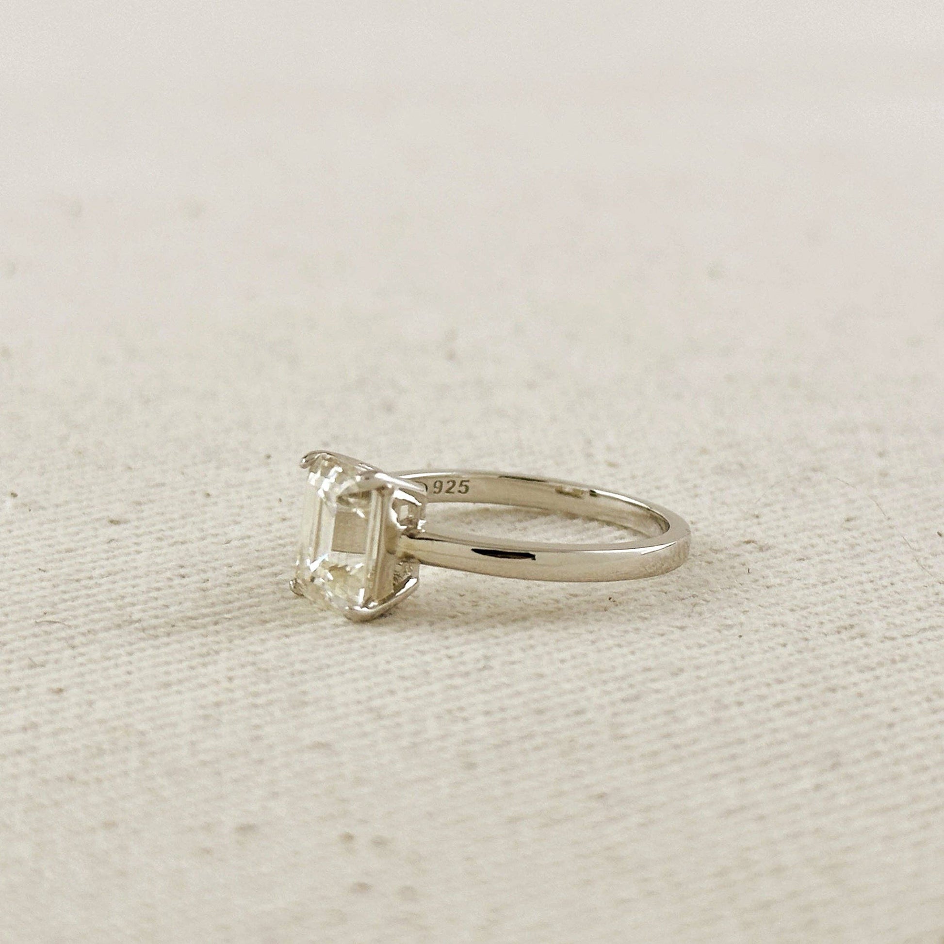 Moissanite Baguette Solitaire Ring - Rhodium Plated Sterling Silver