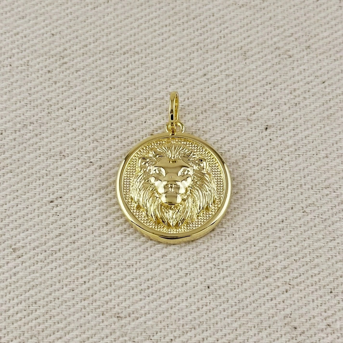 Embossed Lion Medal Charm - Gold Filled